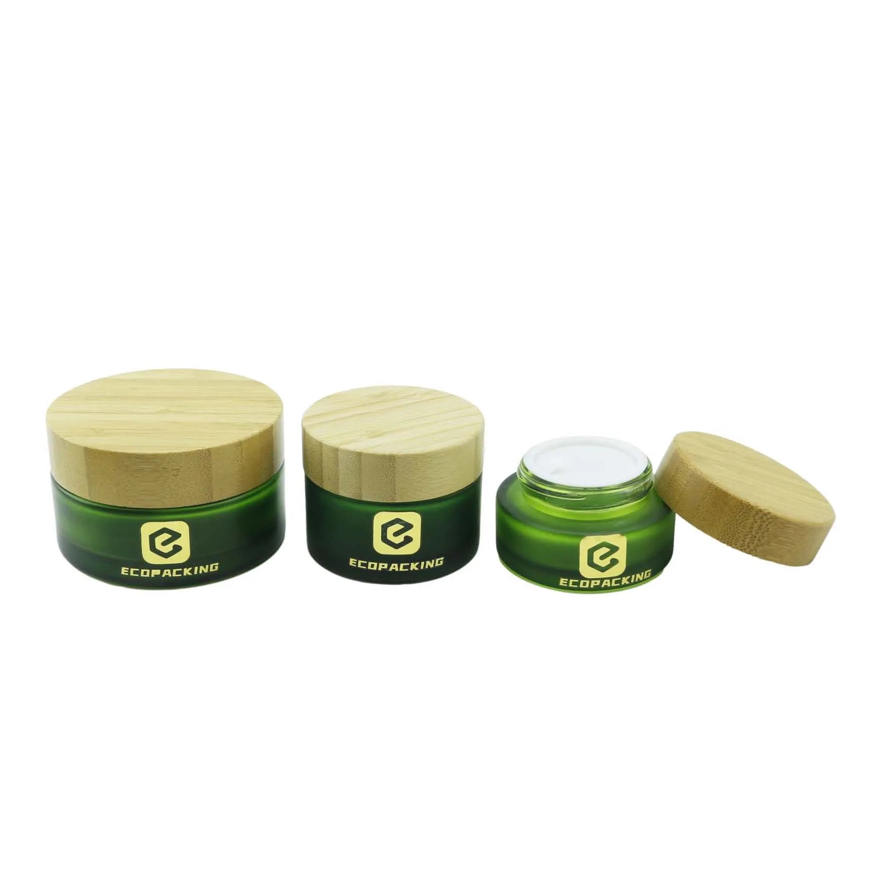 Frosted Green Glass Jar with Bamboo Wooden Lid Natural Packaging Cosmetic Cream Bamboo Jars