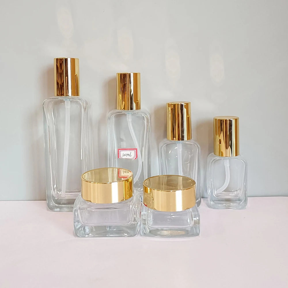 square clear Cosmetic Glass Pump Bottles 30ml 50ml 100ml 120ml Lotion Serum Bottle Cream Jar 30g 50g Glass Jars and Bottles M888