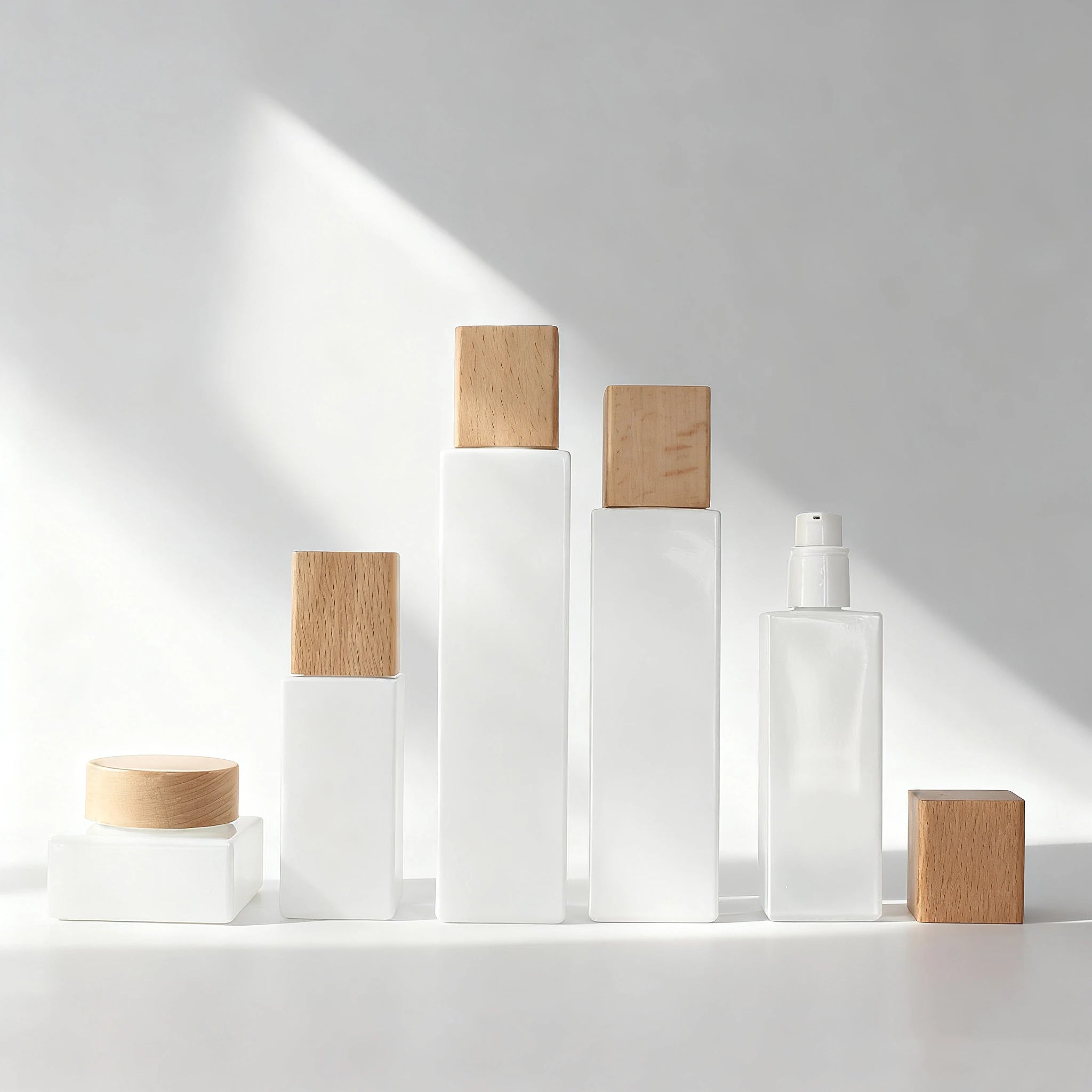 30ml 50ml 100ml White Cosmetic Lotion Pump Glass Bottle with Bamboo Lid for Serum and Cream Jar Packaging - 图片 4