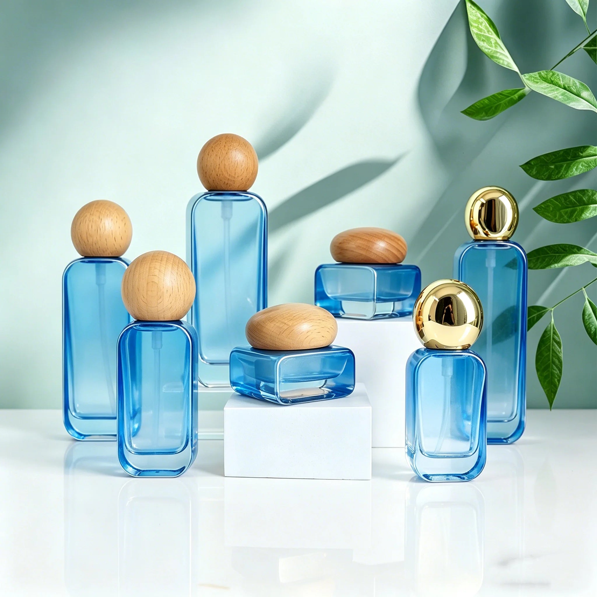 Luxury Square 30ml 50ml 100ml 120ml Glass Lotion Bottle and Jar with Bamboo Ball Cap Gradient Cosmetic Packaging Custom Logo - 图片 4