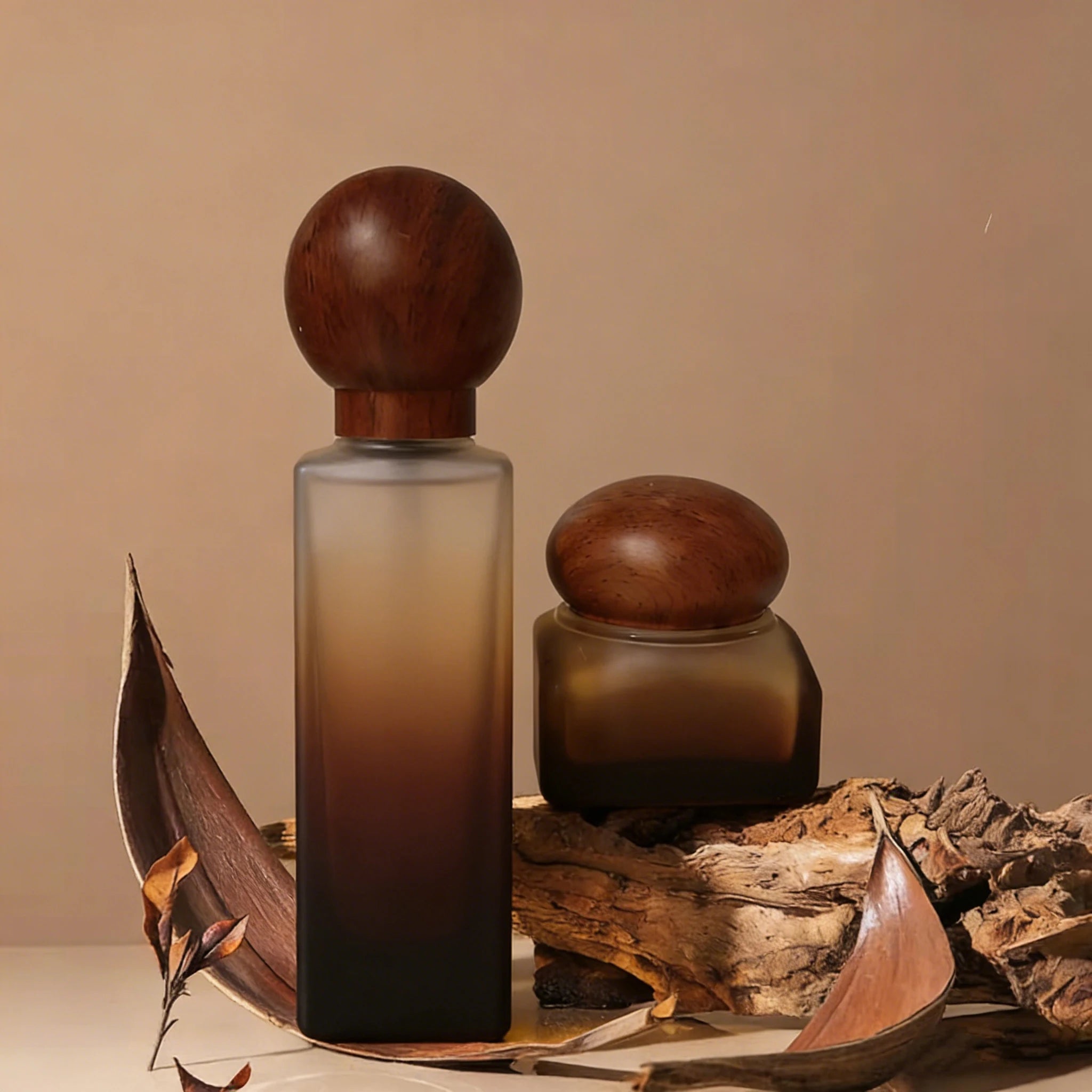 Natural Texture Gradient Brown Frosted 40ml 100ml 120ml 50g Skincare Glass Pump Bottle Wooden for Cap Packaging - 图片 4