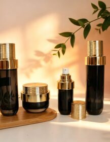 Custom Skincare Packaging Black Glass Luxury Cosmetic Packaging Bottle and Jar Set for Lotion Serum Cream Bottle 30ml 50ml 100ml