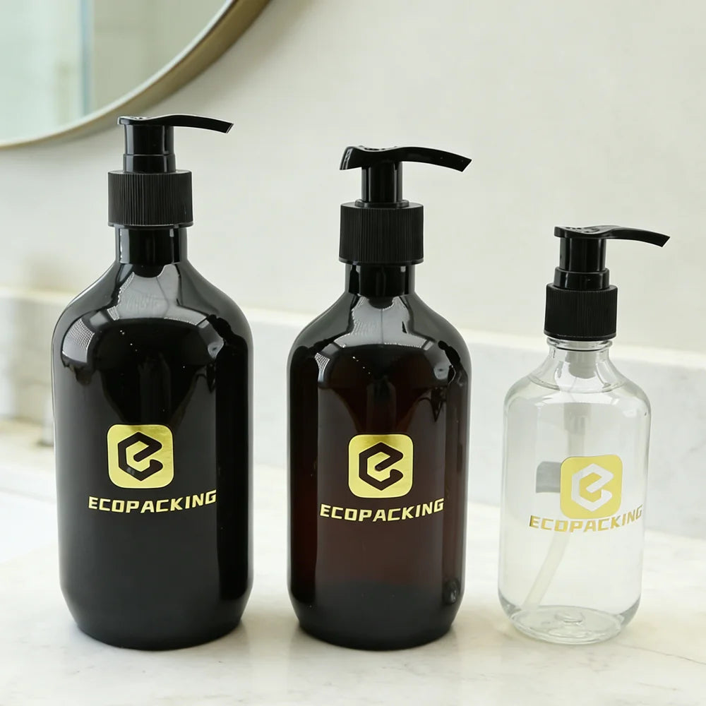 Refillable Lotion Pump Bottle 300ml 500ml Amber Brown Empty Shower Gel PET Plastic Shampoo Bottles with Pump Cap
