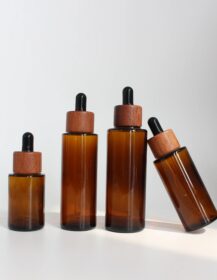 Skincare Serum Packaging Empty Amber Glass Dropper Bottles with Wood Cap for Essential Oils