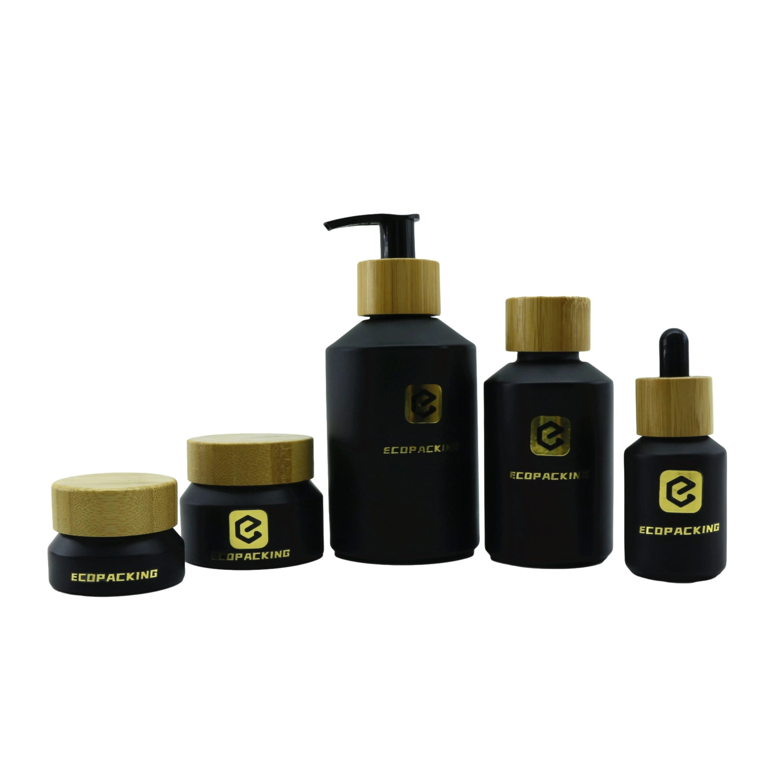 High Quality Matte Black Slant Shoulder Glass Oil Olive Bottle and Jar with Bamboo Lid for Cosmetic Packaging R888