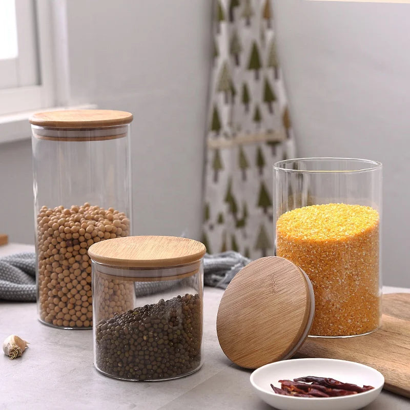 Kitchen Custom Logo Food Grade Bamboo Lid Borosilicate Food Glass Storage Jar - 图片 5