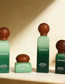 Light Luxury Wooden Skincare Forest Gradient Green Glass Pump Lotion Bottle Set Cosmetic Environmentally Friendly Packaging