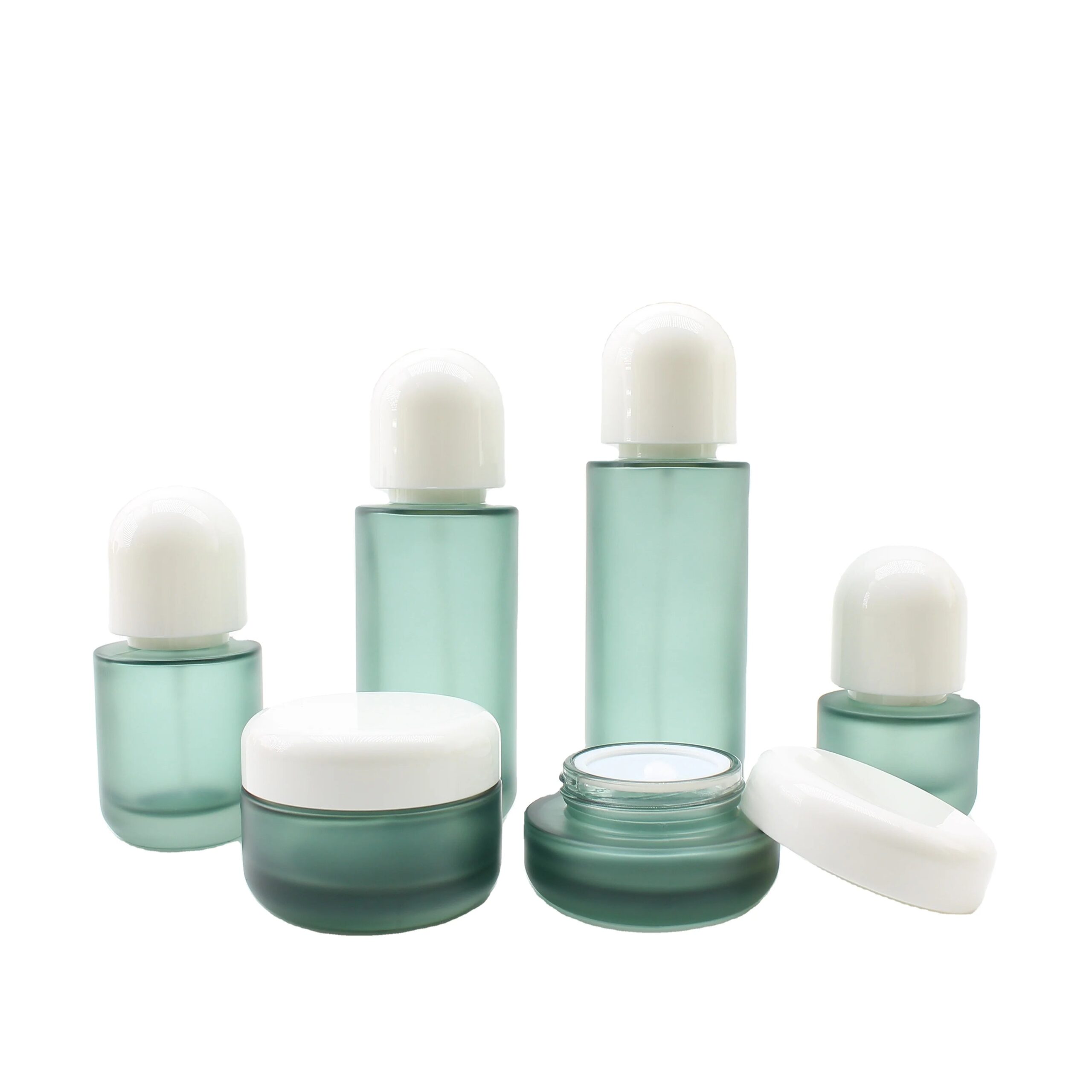 Luxury Frosted Teal Flat Shoulder Cosmetics Jar 30ml 50ml 100ml 120ml Glass Toner Lotion Serum Bottles Packaging Containers Set