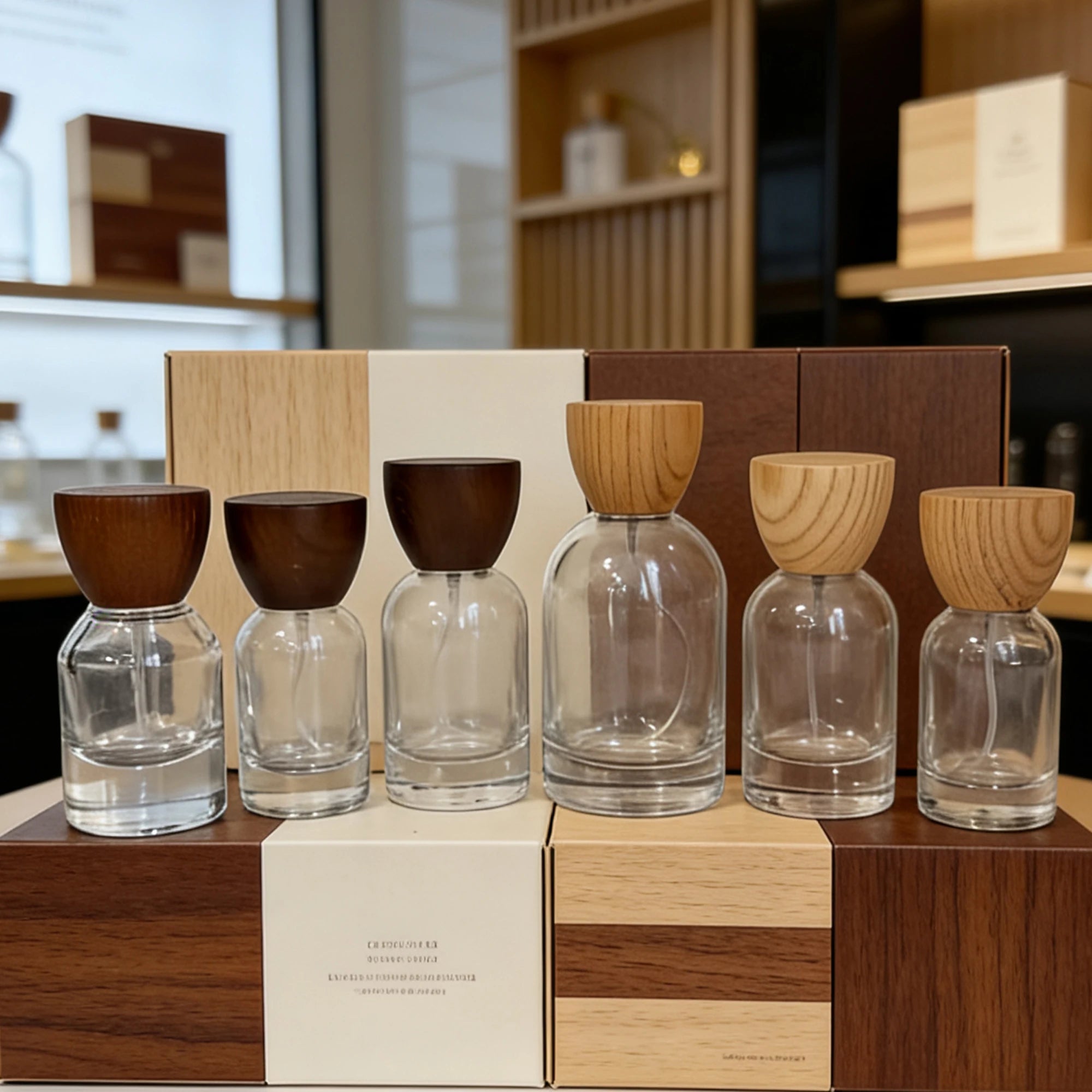 Luxury Zebra Wood Grain Matte Frost Decal Box Set Clear Glass Perfume Spray Bottle 30ml 50ml 100ml Refillable Natural Wood Lid - 图片 4
