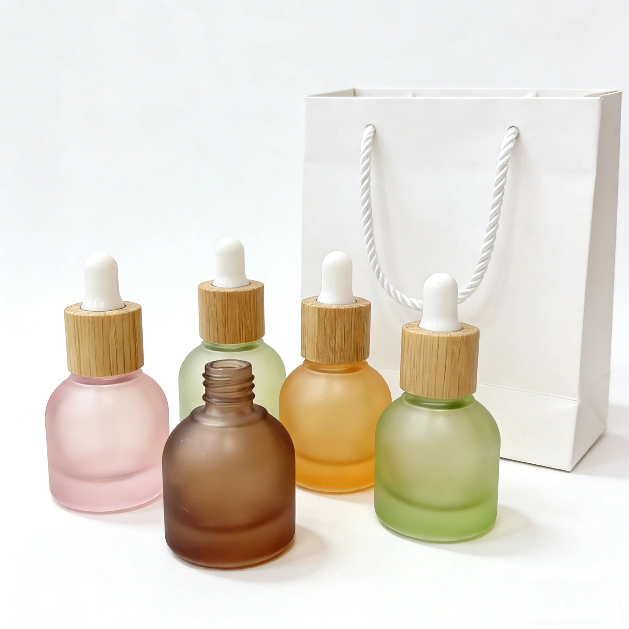 Luxury 10ml Colorful Dropper Glass Cosmetic Bottle Frosted Brown Green Essential Oil Serum Bamboo Dropper Bottle