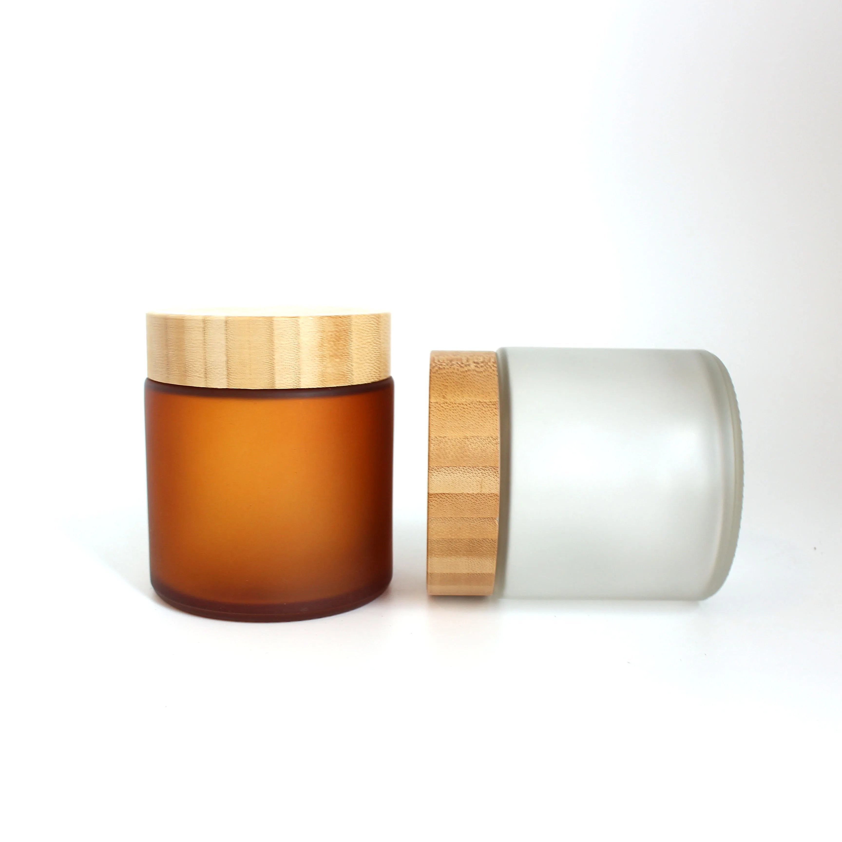 Cosmetic Packaging Eco Friendly 250ml 8oz Bamboo Lid Cap Frosted Glass Cosmetic Jar Wood Lid - 图片 5
