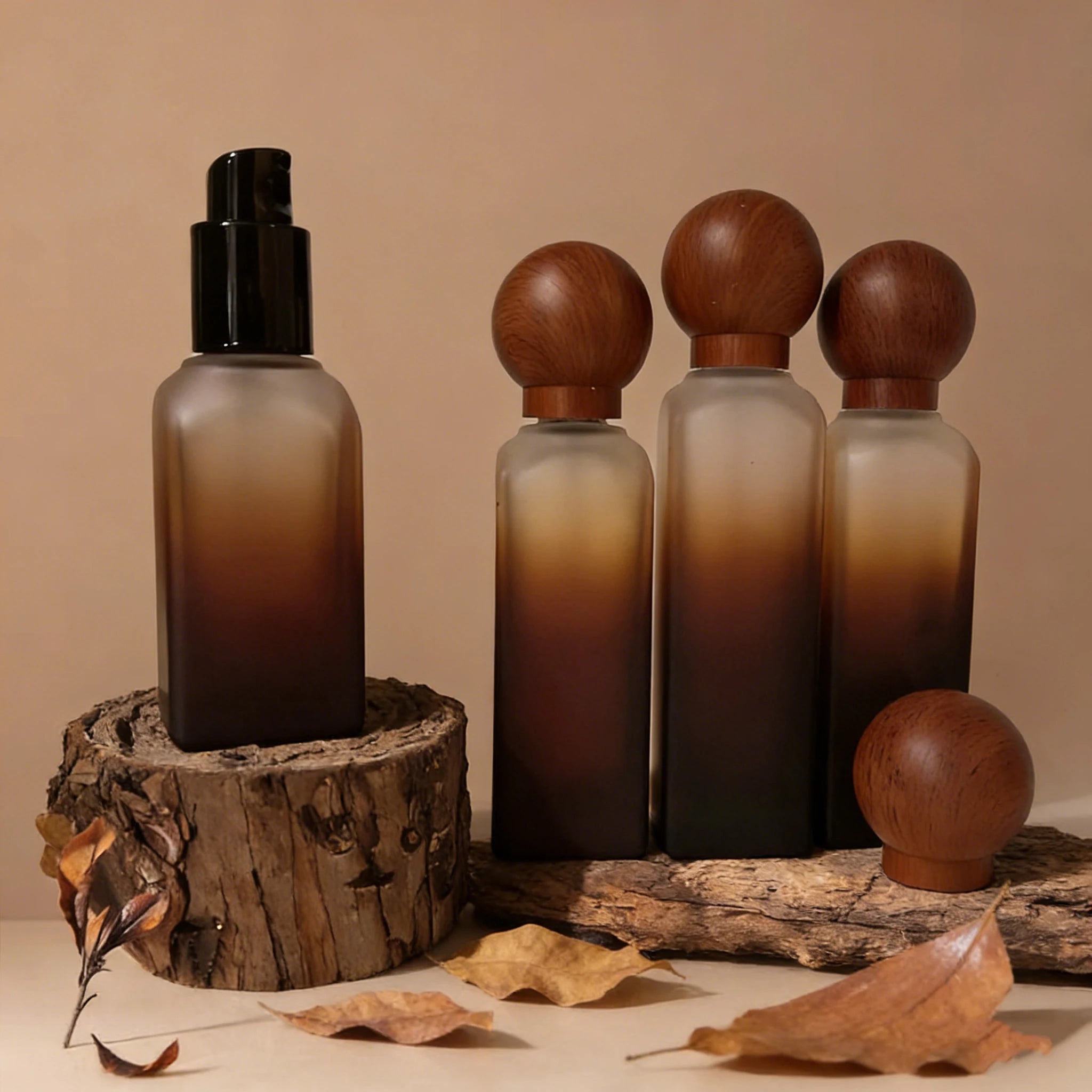 Natural Texture Gradient Brown Frosted 40ml 100ml 120ml 50g Skincare Glass Pump Bottle Wooden for Cap Packaging - 图片 6