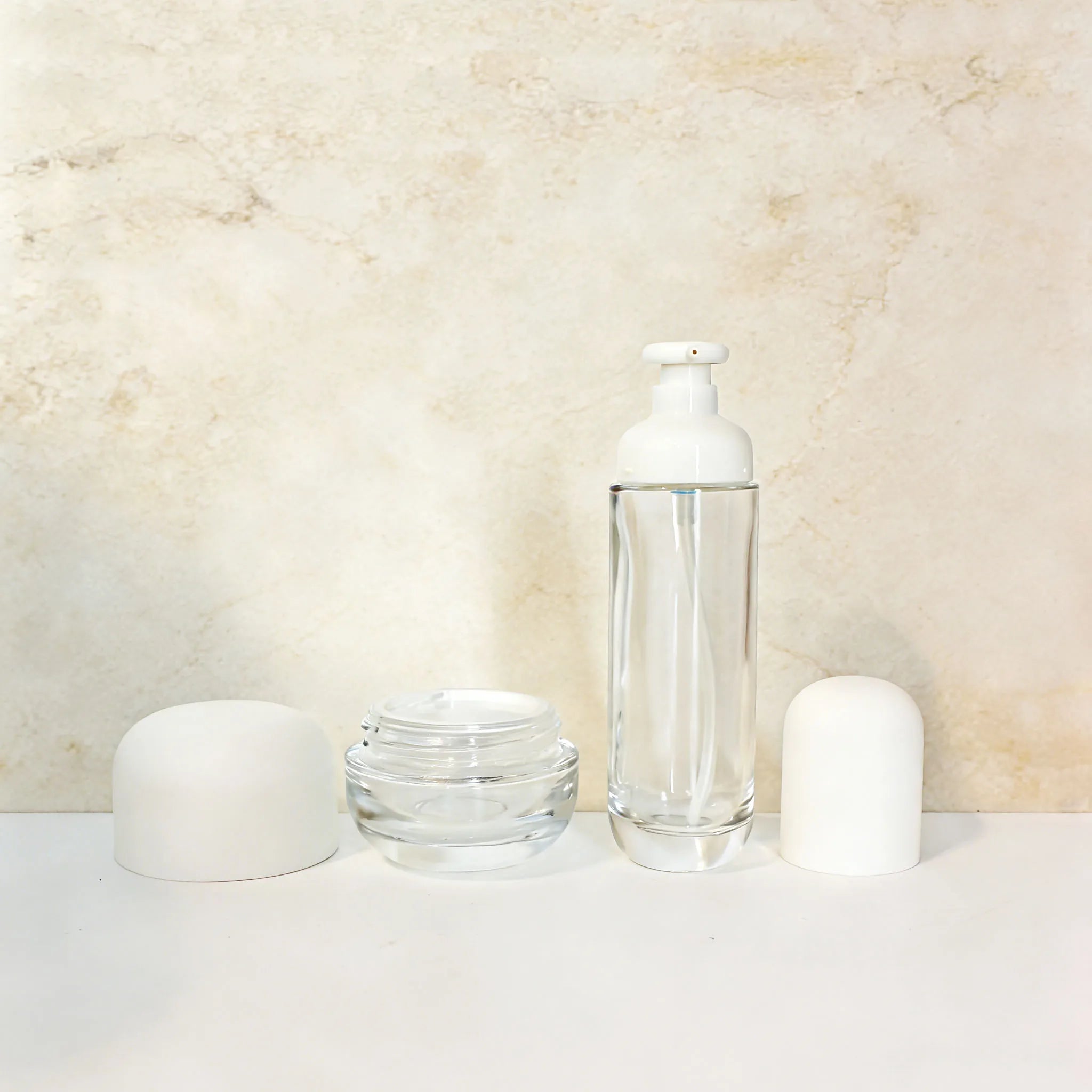 Wholesale Empty 30g 50g Clear Face Cream Jar Glass Cosmetic Lotion Pump Bottle with White Dome Cap - 图片 4