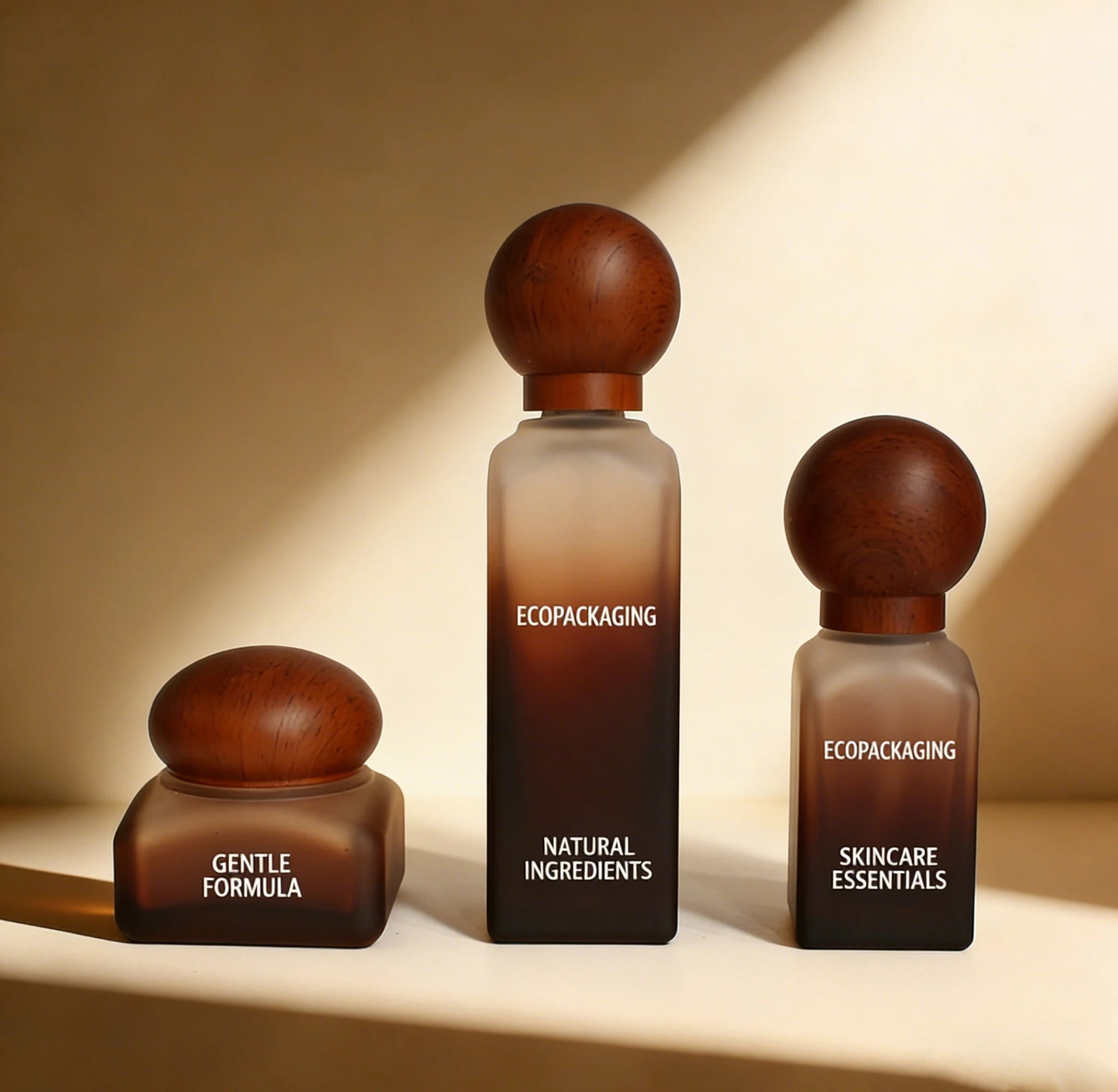 Cosmetic Skincare Packaging Custom square Glass Pump Serum Bottle&cream Jar with Water Transfer Printing Wood Cap - 图片 3