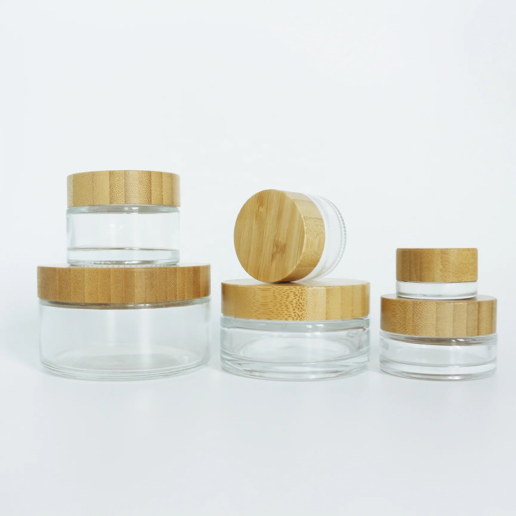 5ml 10ml 15ml 30ml 50ml 100ml 200ml Empty Luxury Custom Glass Jars with Bamboo Lids for Cosmetics Cream Beard Balm